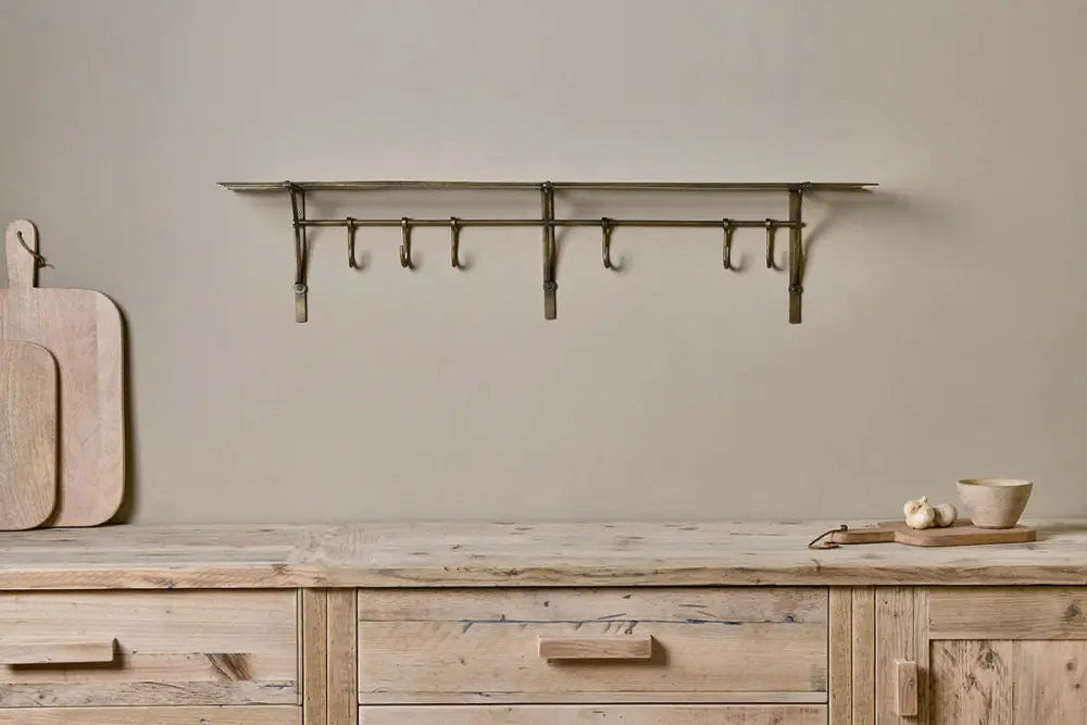 Nkuku Basti – iron storage shelf with hooks antique brass - Storage & Organisation