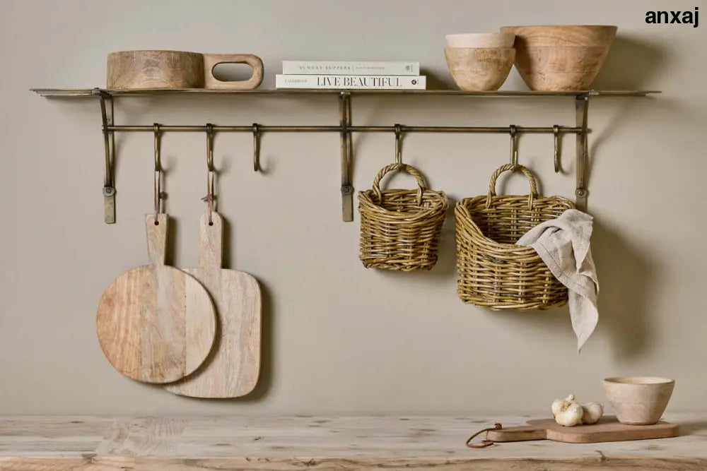 Nkuku Basti – iron storage shelf with hooks antique brass - Storage & Organisation