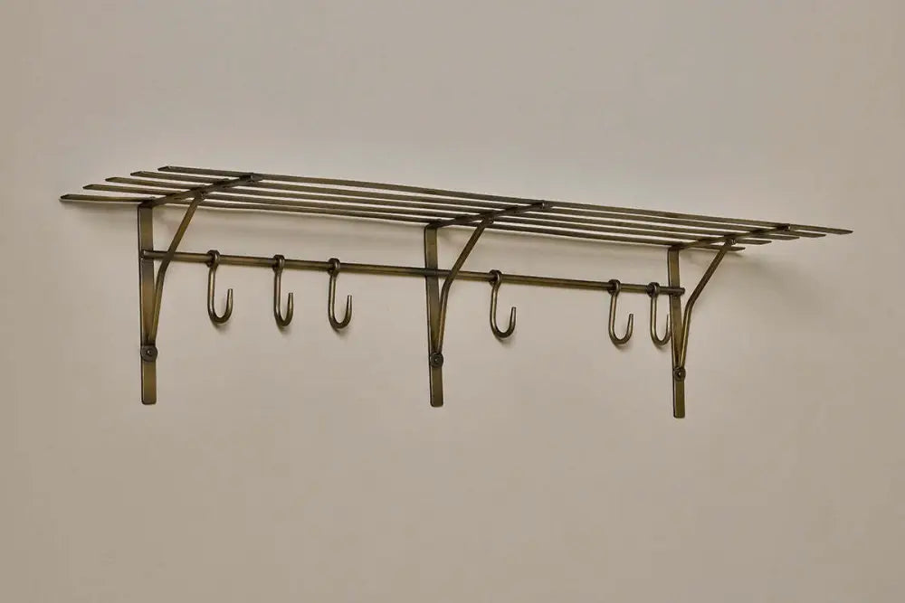 Nkuku Basti – iron storage shelf with hooks antique brass - Storage & Organisation