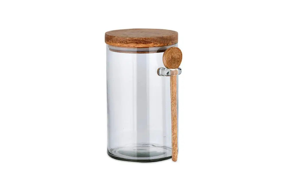 Nkuku Kossi Storage Jar – small recycled glass jar with mango wood lid - Kitchen & Dining