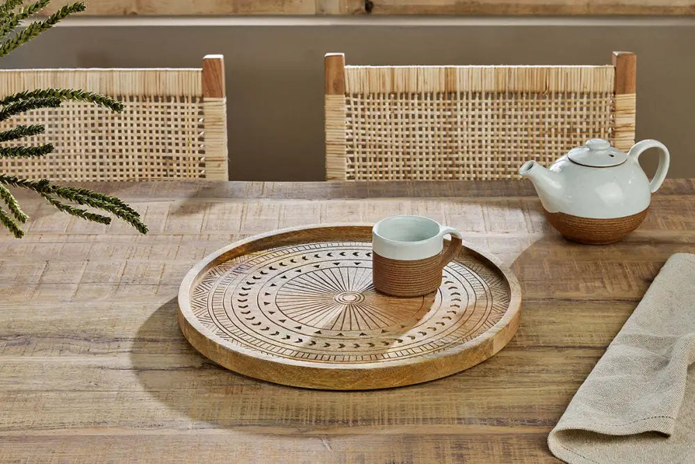 Nkuku Namuna Mango Wood Tray – Large Hand-Etched Serving Tray - Home Decor