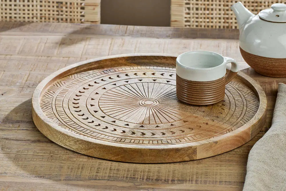 Nkuku Namuna Mango Wood Tray – Large Hand-Etched Serving Tray - Home Decor