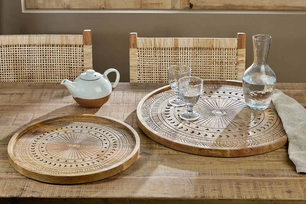 Nkuku Namuna Mango Wood Tray – Large Hand-Etched Serving Tray - Home Decor
